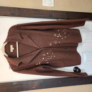 Linden Hill Women's Brown 100% Wool Cardigan Sweater w/ embellishments- XL